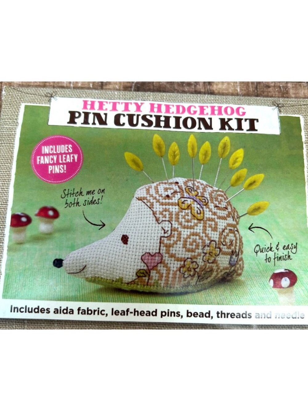 Hetty Hedgehog Pin Cushion Kit Includes Aida Fabric Leaf Pins Beads Thread & Nee
